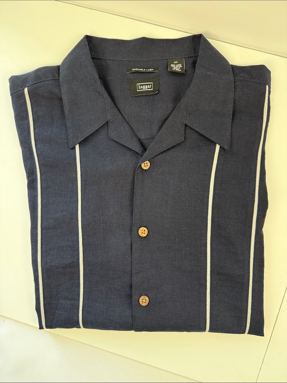 Haggar Navy Blue Short-Sleeve Button-Down with White Stripes
